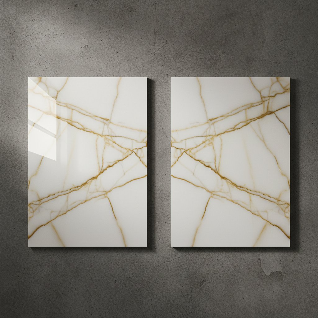 Polished and honed Calacatta Gold marble samples side by side