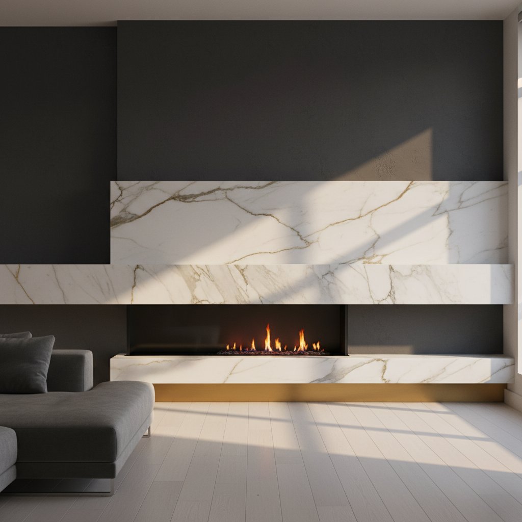 Calacatta Gold marble fireplace surround in a contemporary Toronto living room