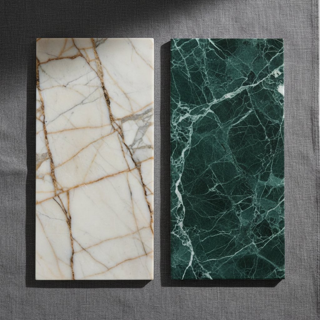 Calacatta Gold marble paired with Verde Guatemala marble
