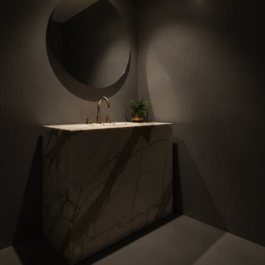 Calacatta Gold marble vanity in a moody Toronto powder room