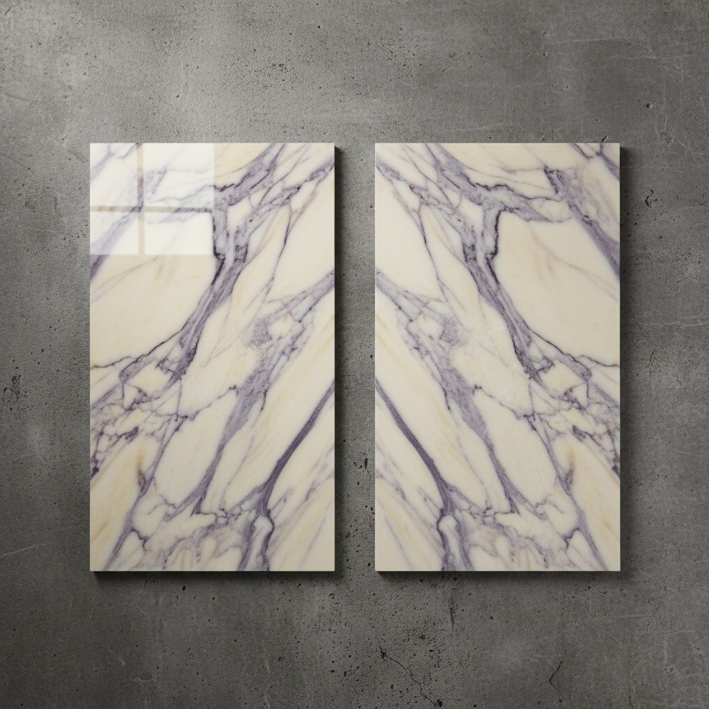 Polished and honed Calacatta Viola marble samples side by side