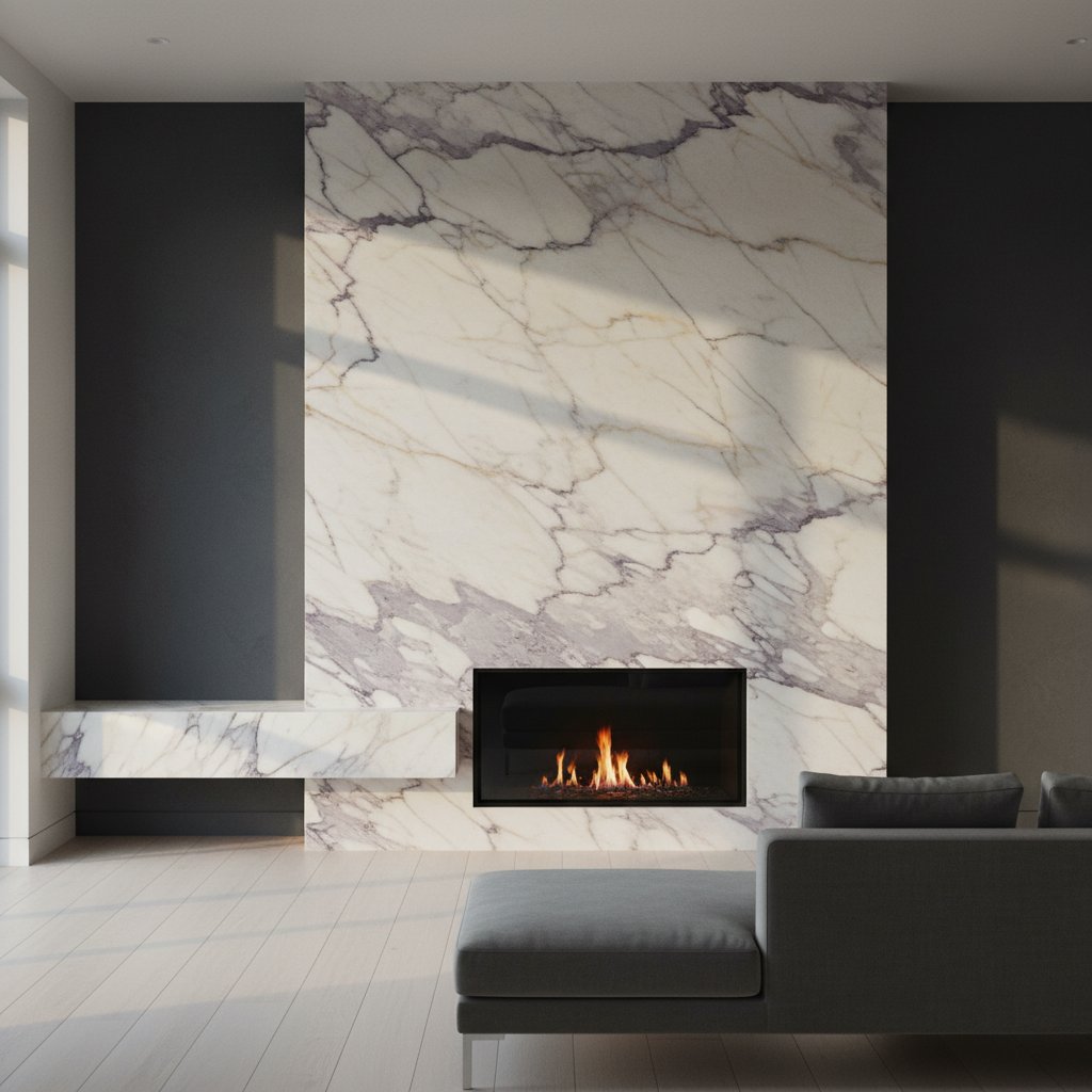 Calacatta Viola marble fireplace surround in a contemporary Toronto living room