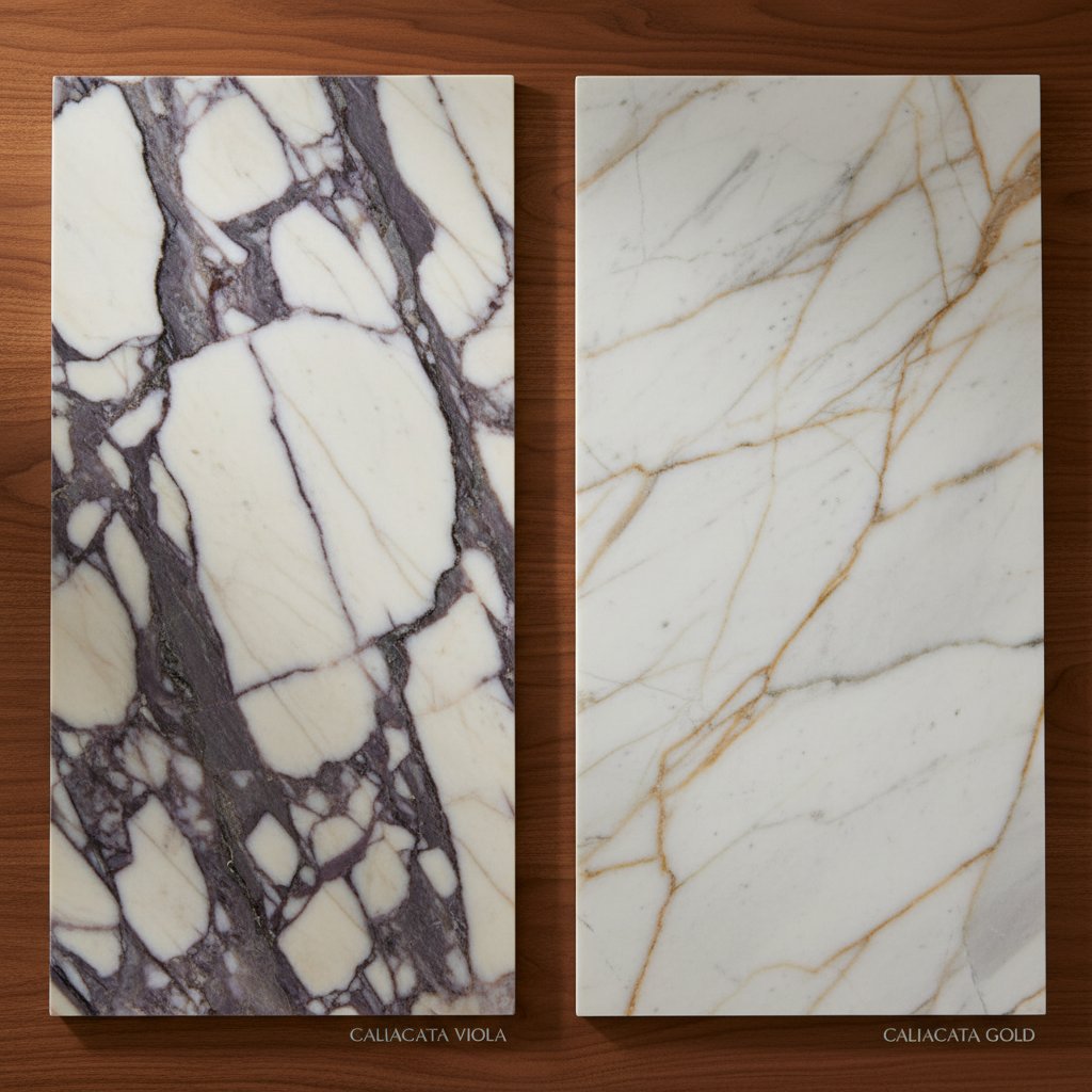 Calacatta Viola marble paired with Calacatta Gold marble