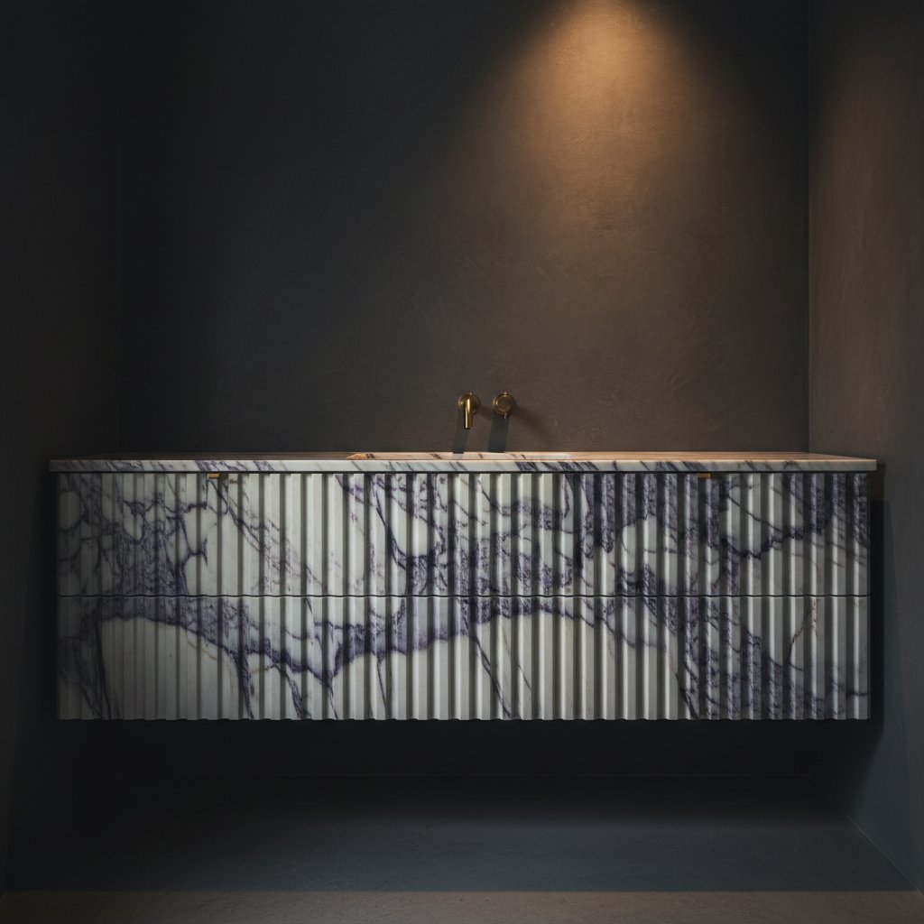 Calacatta Viola fluted vanity in a Toronto powder room