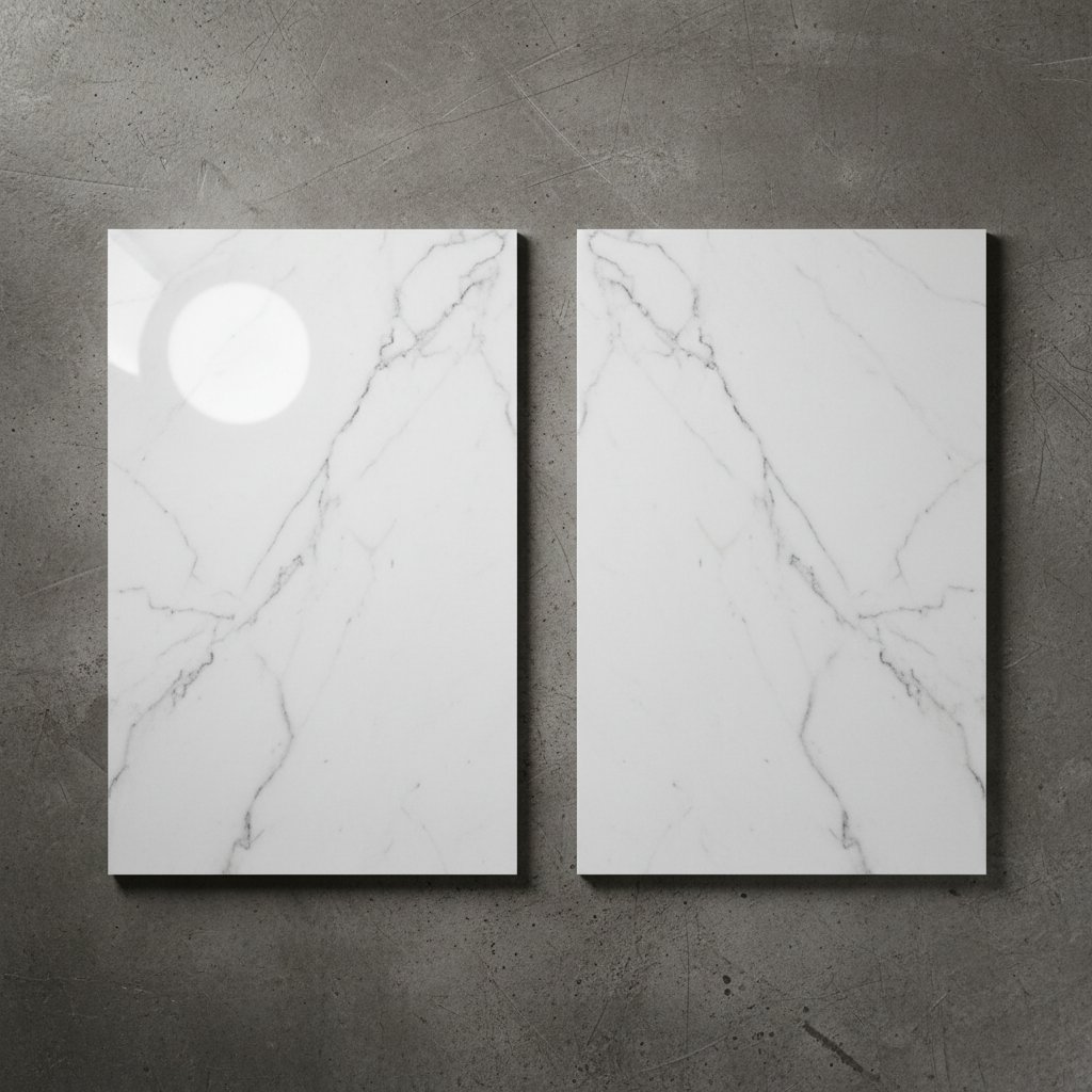 Polished and honed Carrara White marble samples side by side