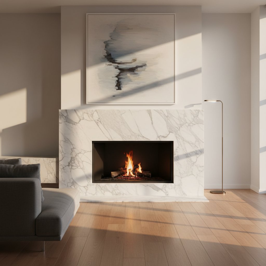 Carrara White marble fireplace surround in a contemporary Toronto living room