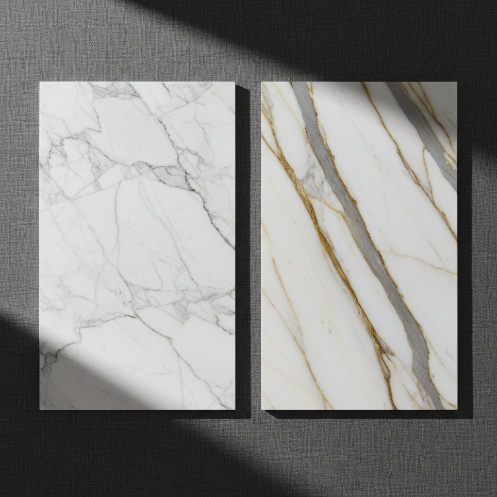 Carrara White marble paired with Calacatta Gold marble