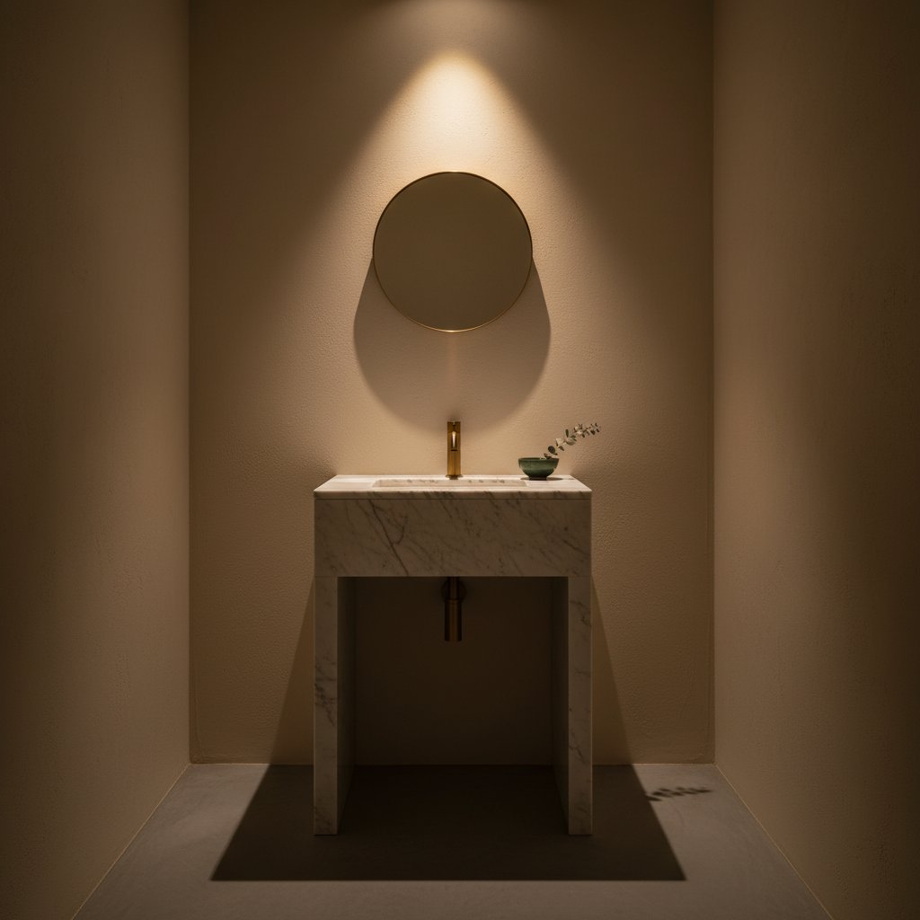 Carrara White marble vanity in a moody Toronto powder room