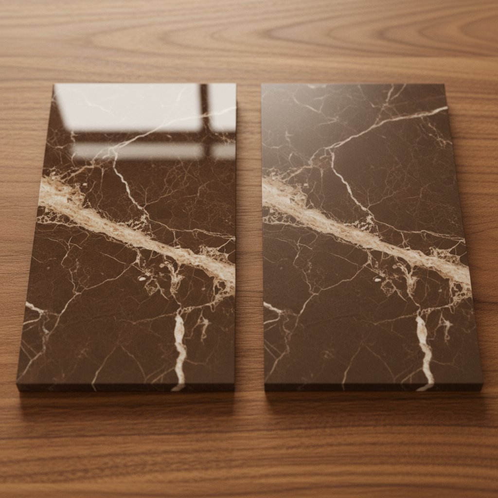 Polished and honed Emperador Dark marble samples side by side