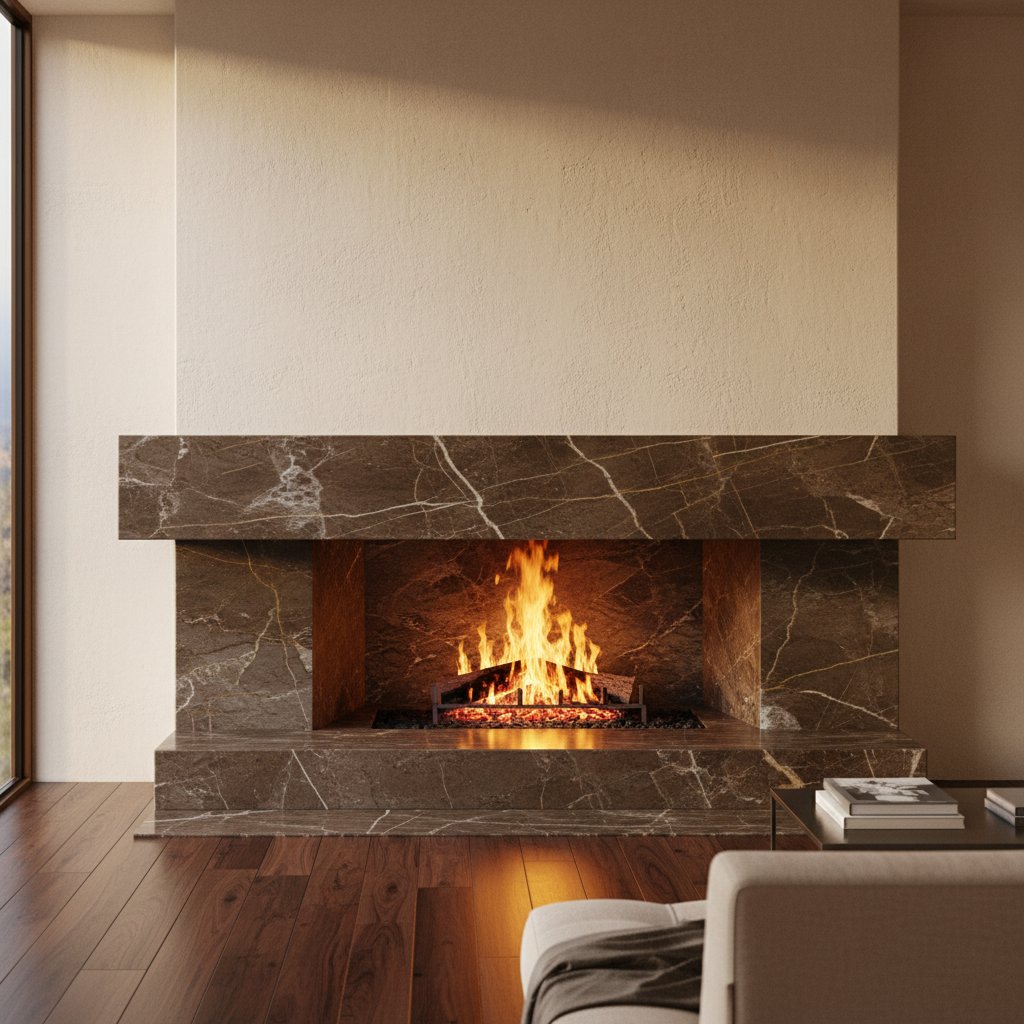 Emperador Dark fireplace surround in a contemporary Toronto living room
