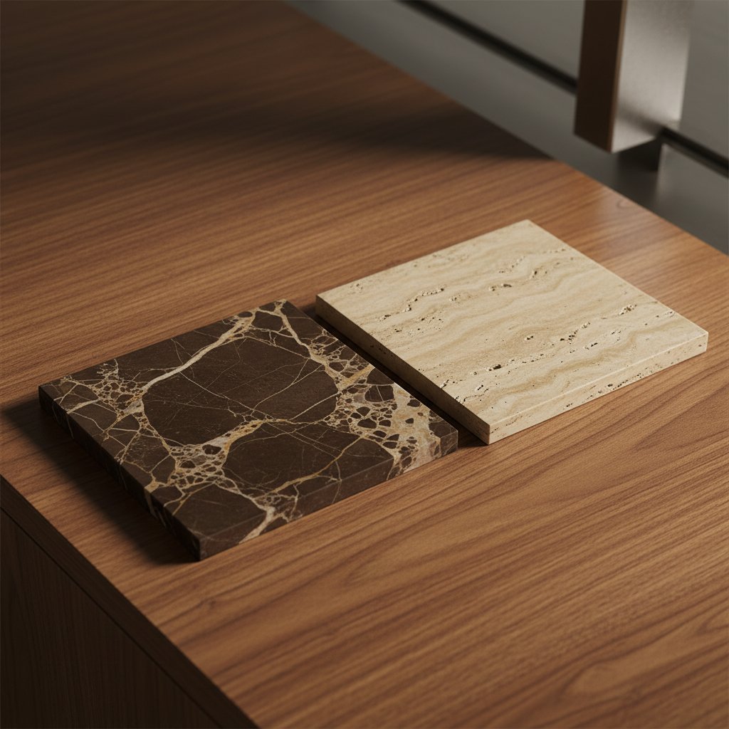 Emperador Dark marble paired with Travertino Romano