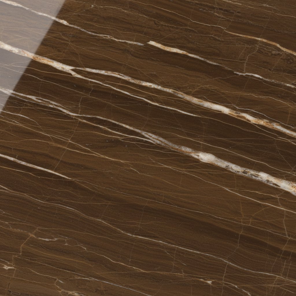 Polished Emperador Dark marble slab showing white veining over warm brown field