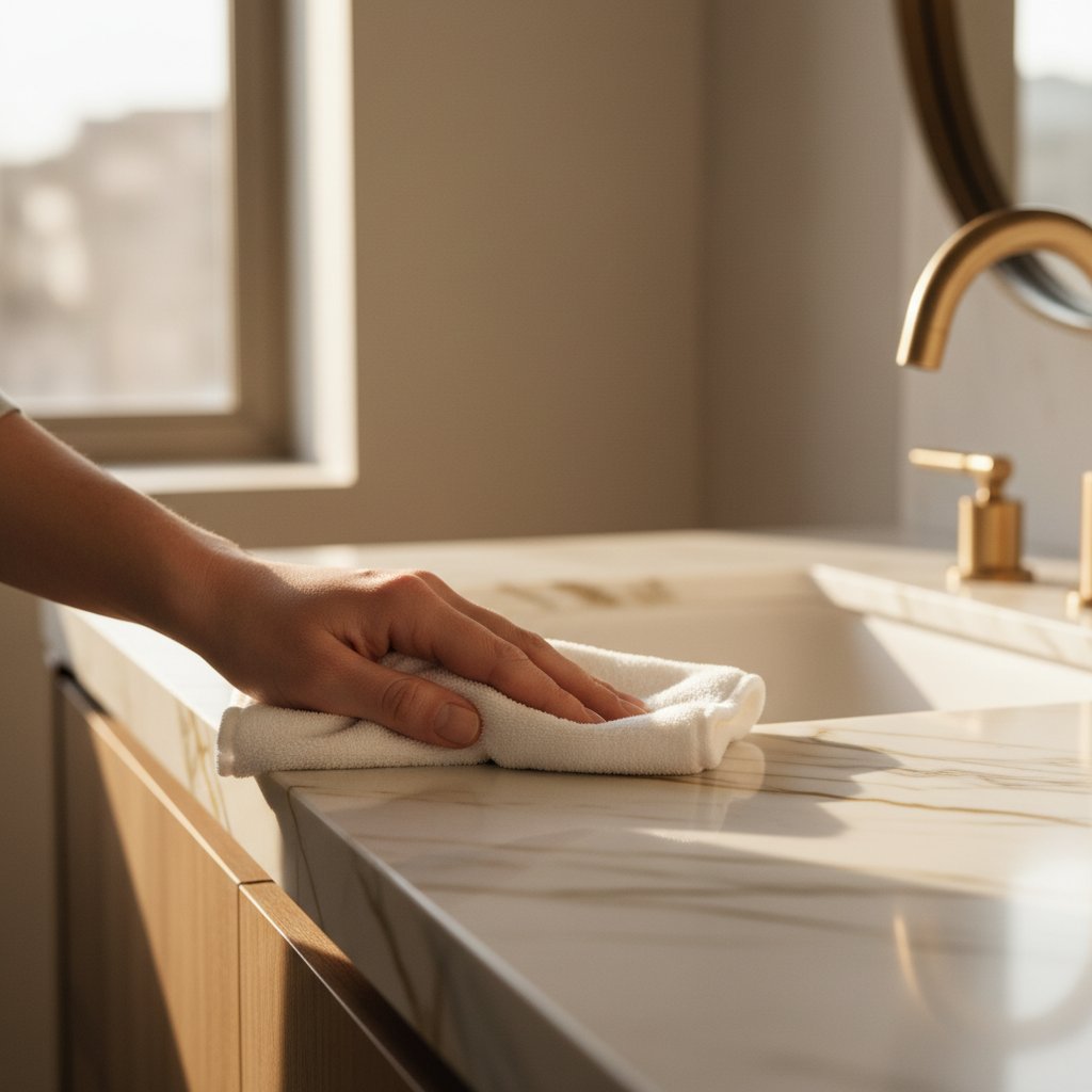 Hand wiping a polished marble vanity