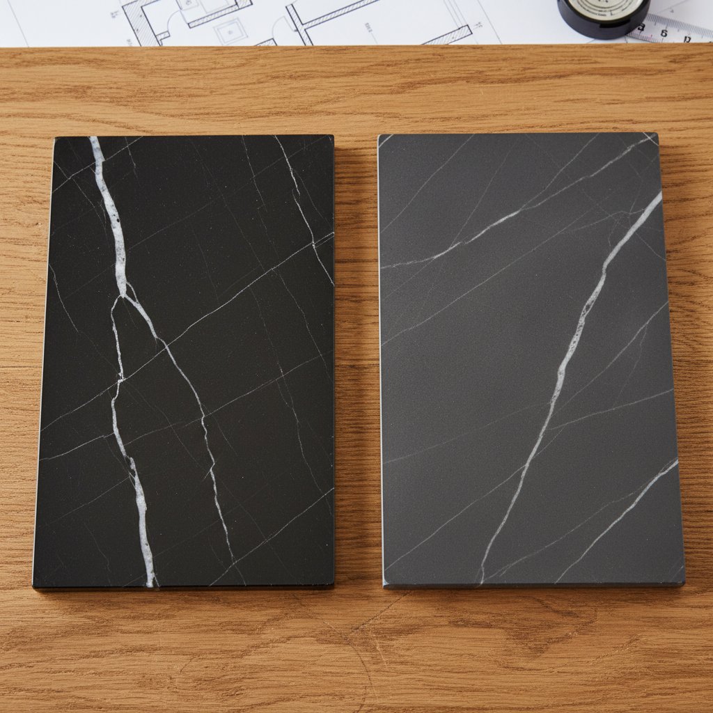 Polished and honed Nero Marquina marble samples side by side