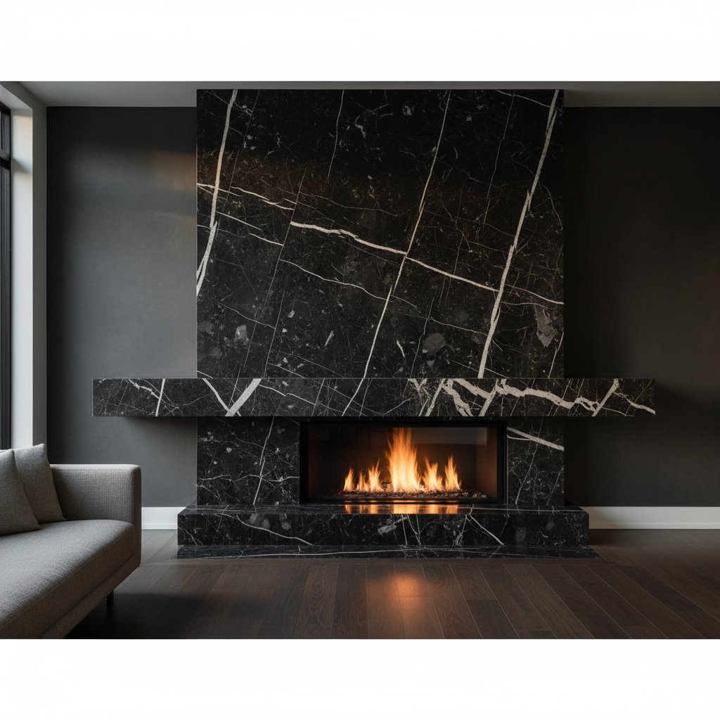 Nero Marquina marble fireplace surround in a contemporary Toronto living room