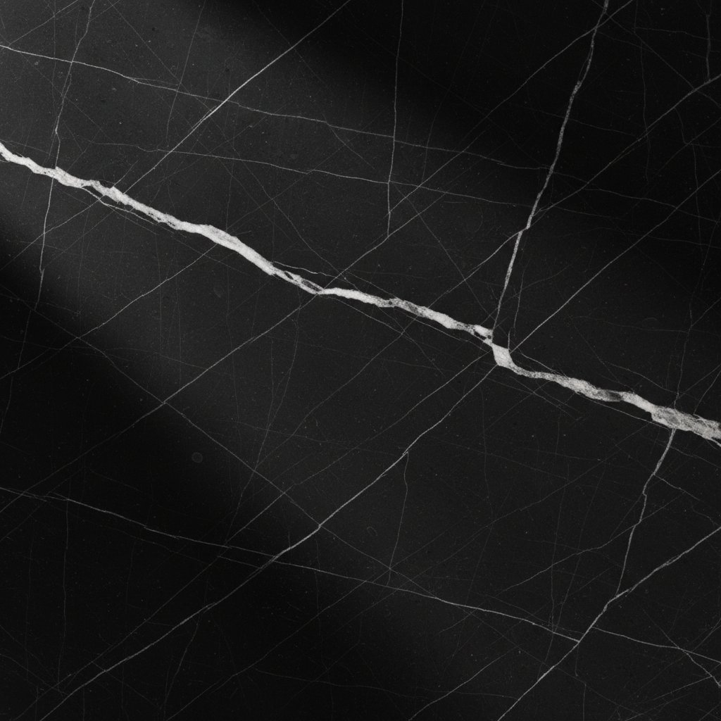 Polished Nero Marquina marble slab showing white veining over deep black field