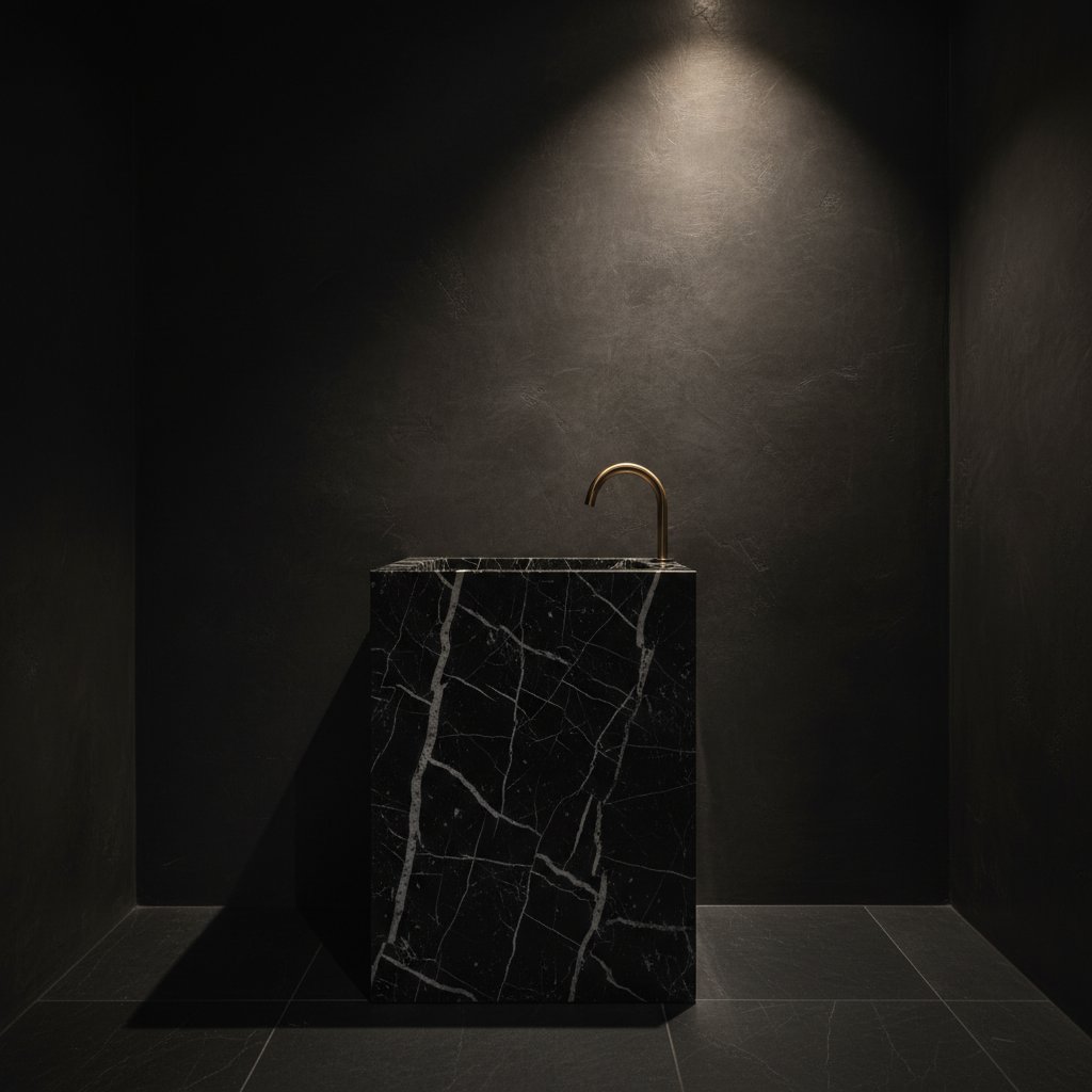 Nero Marquina marble vanity in a Toronto powder room
