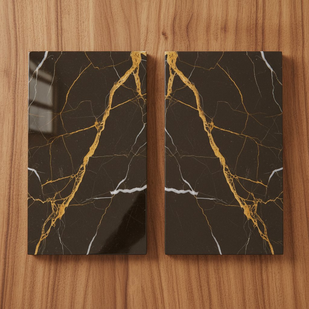 Polished and honed Sahara Noir marble samples side by side