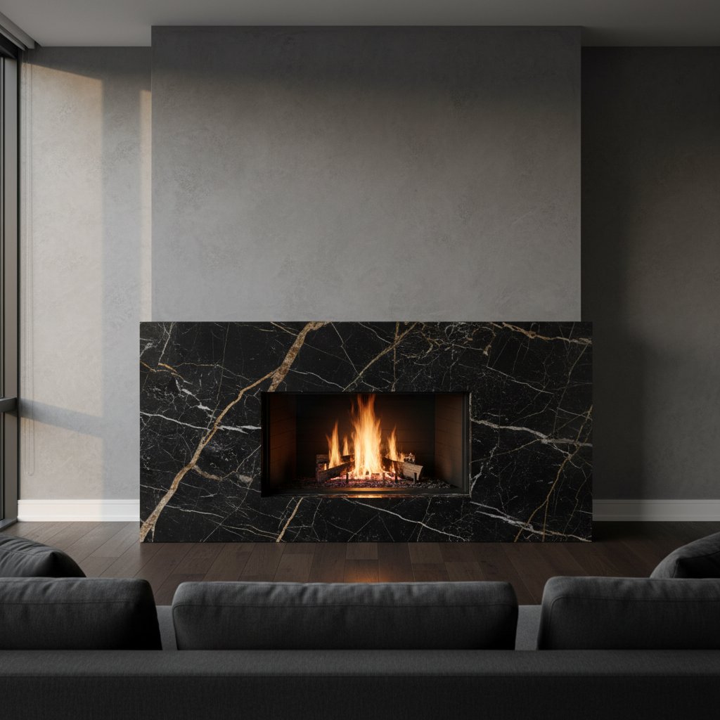 Sahara Noir marble fireplace surround in a contemporary Toronto living room