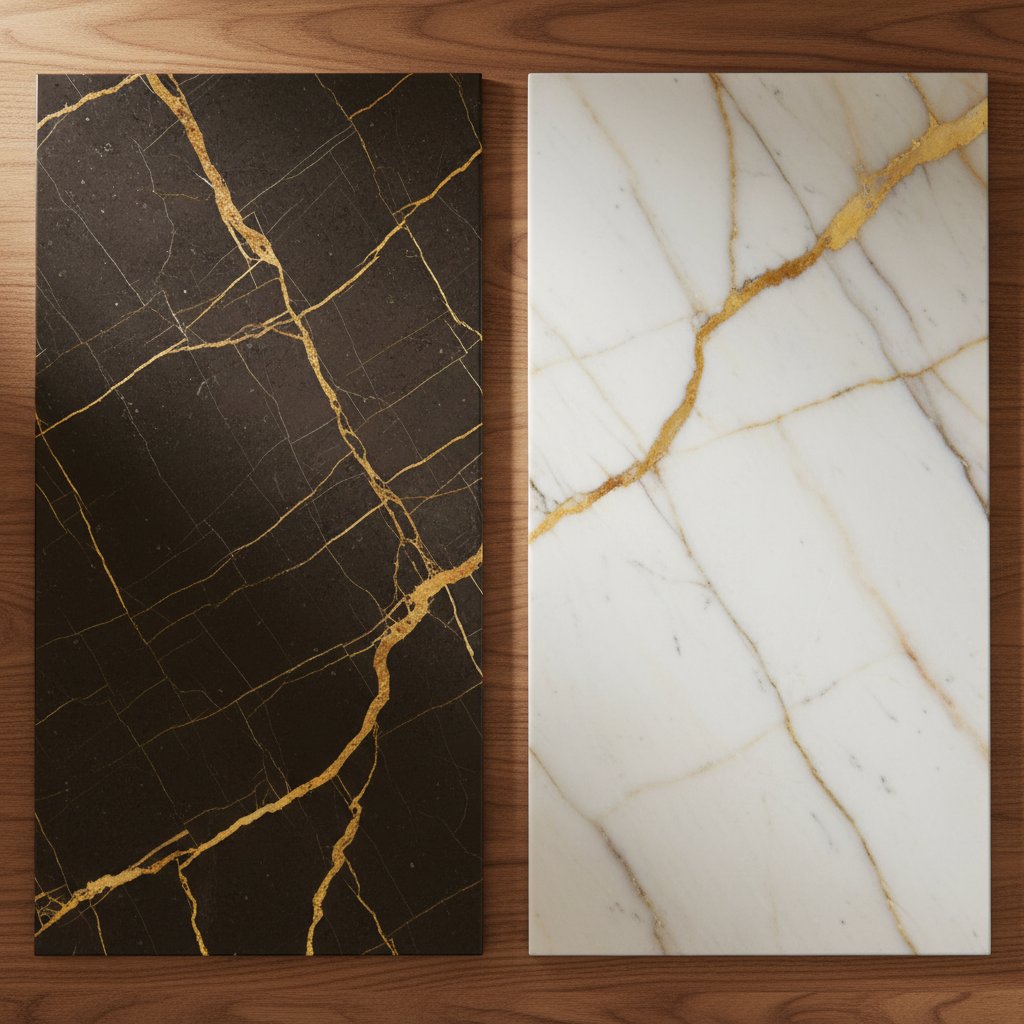 Sahara Noir marble paired with Calacatta Gold marble