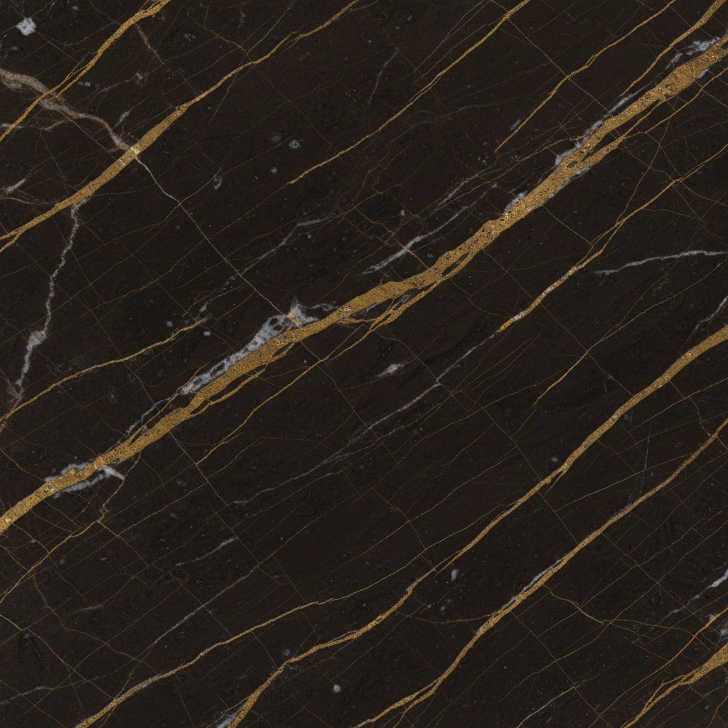 Polished Sahara Noir marble slab showing gold and white veining over deep brown-black field