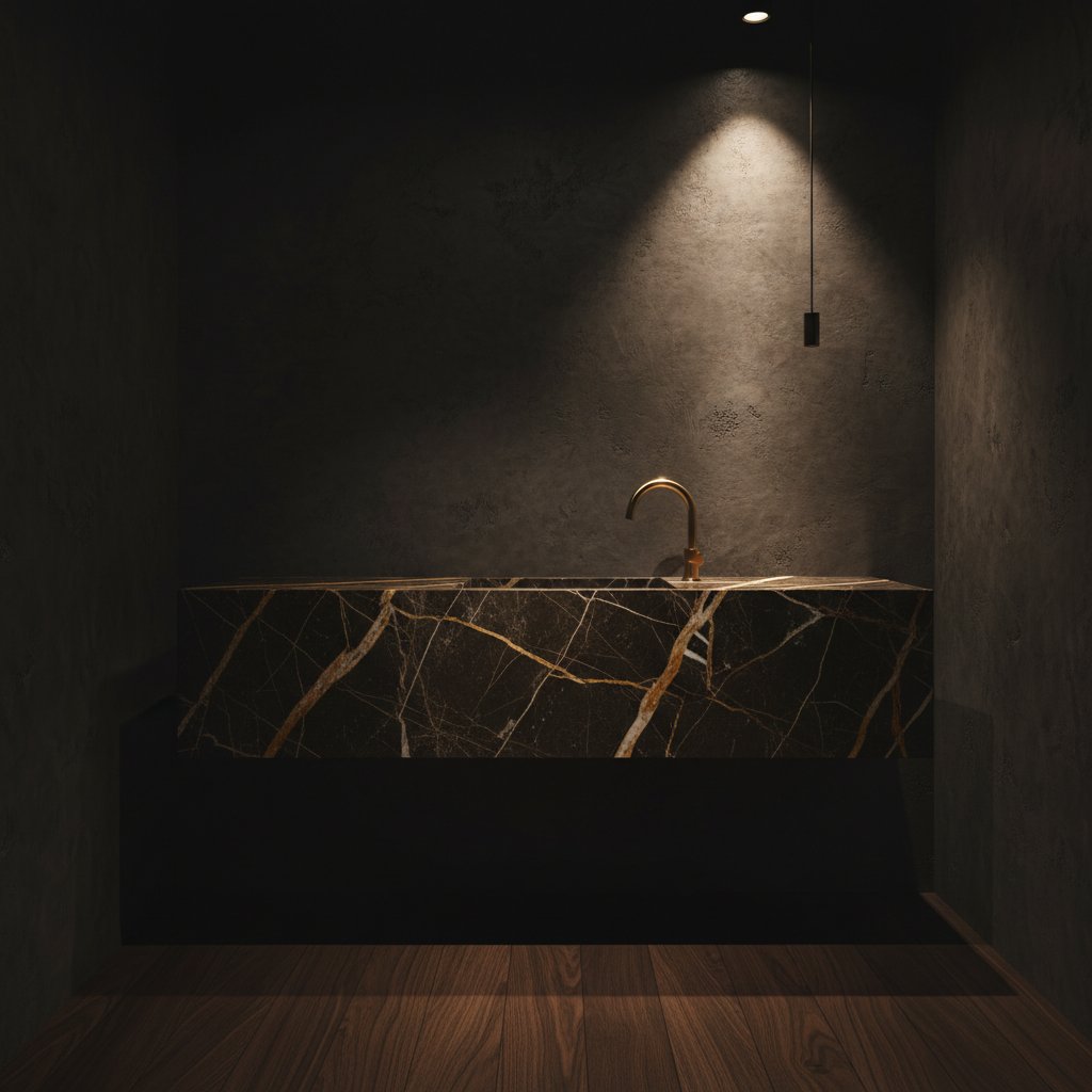 Sahara Noir marble vanity in a Toronto powder room