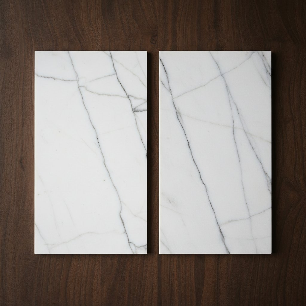 Polished and honed Statuario marble samples side by side