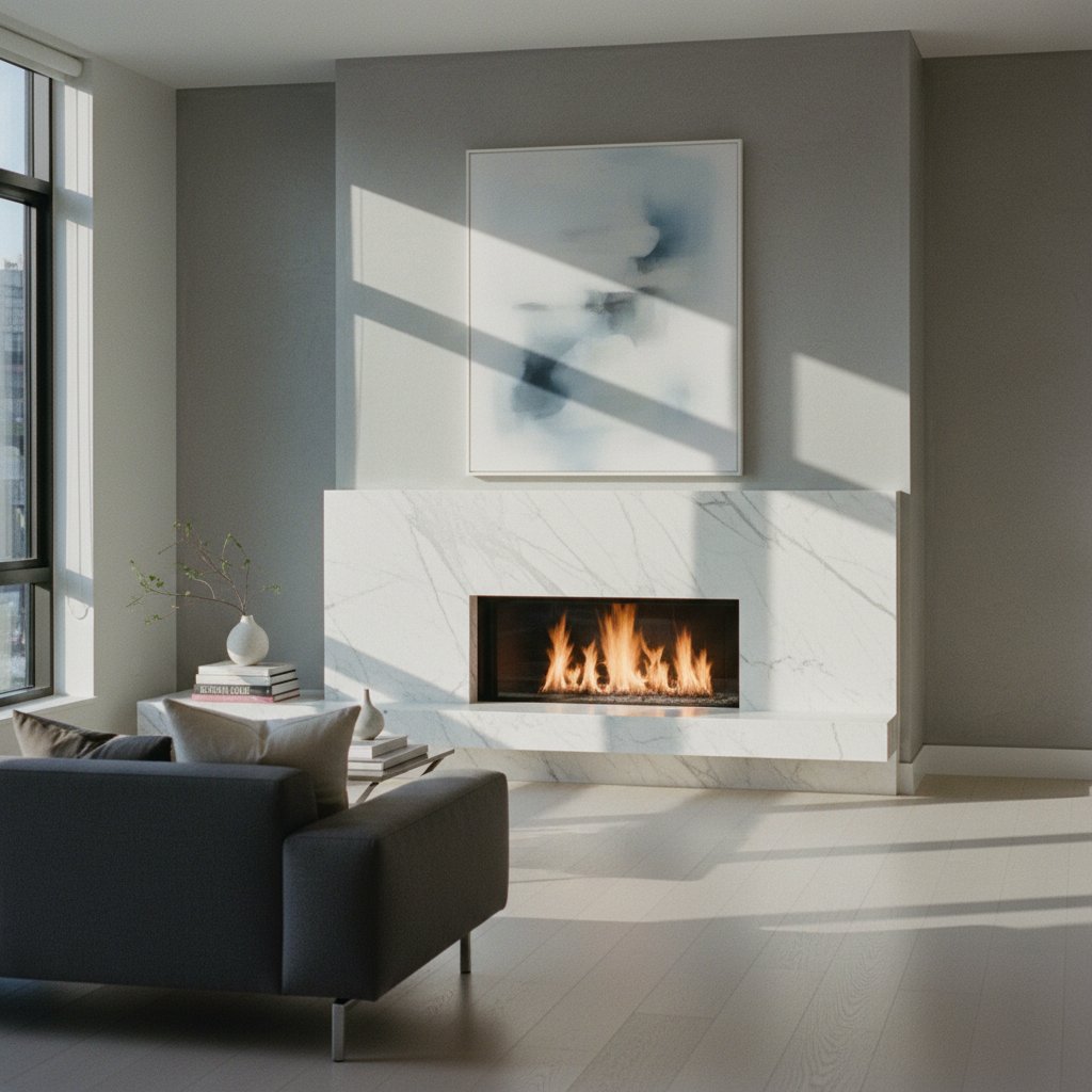 Statuario marble fireplace surround in a contemporary Toronto living room