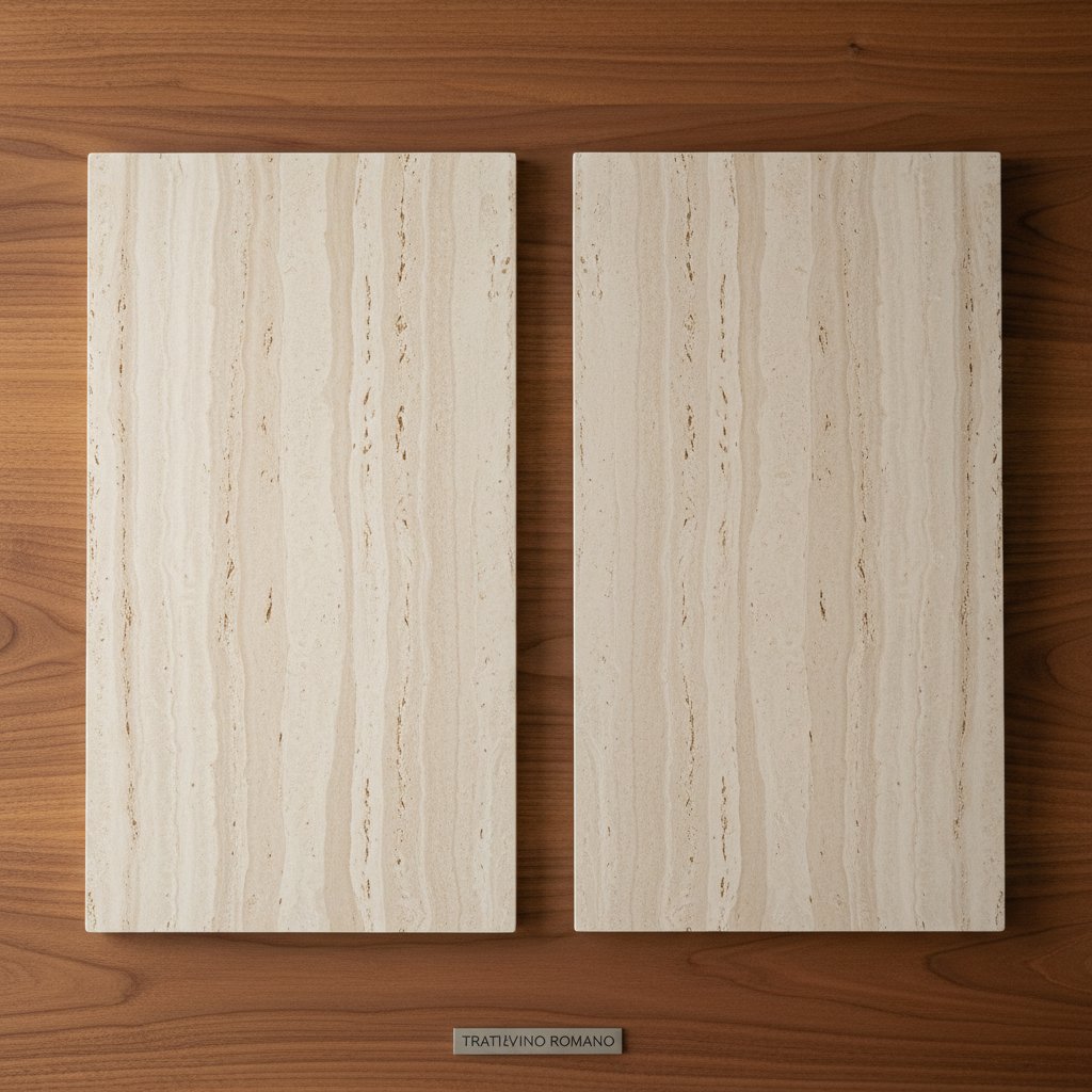 Polished and honed Travertino Romano samples side by side
