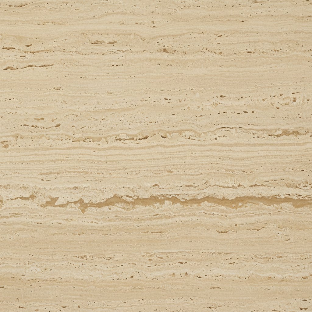 Polished Travertino Romano slab showing cream field with linear porosity