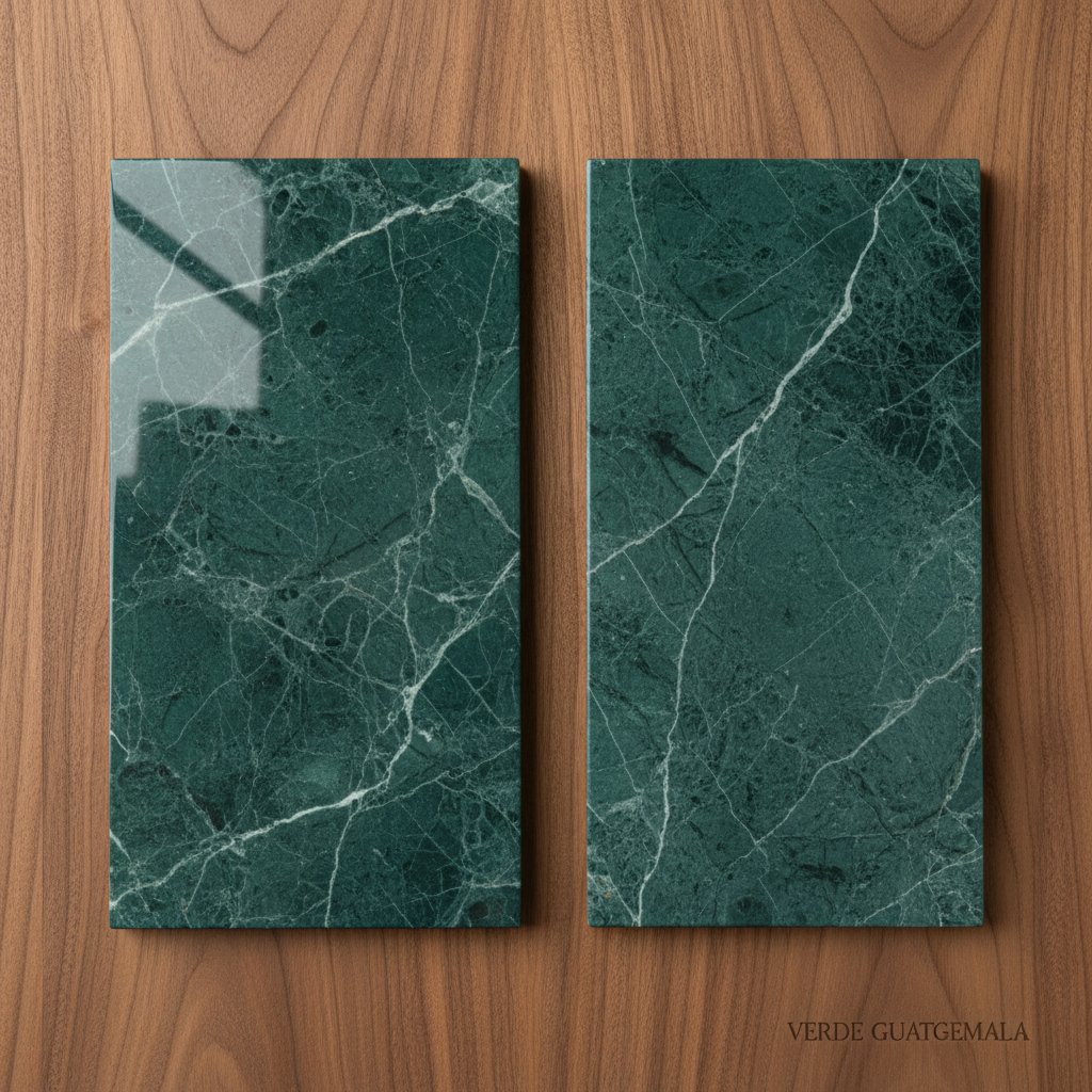 Polished and honed Verde Guatemala marble samples side by side