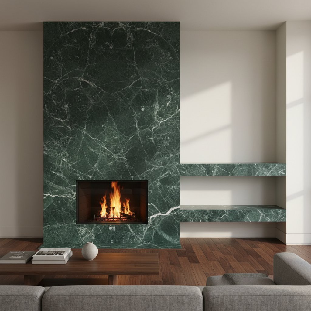 Verde Guatemala marble fireplace surround in a contemporary Toronto living room