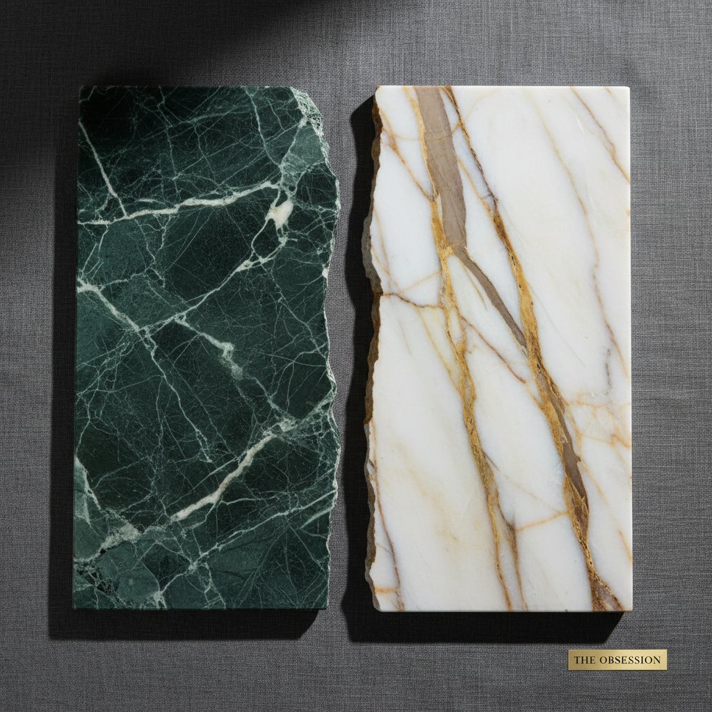 Verde Guatemala marble paired with Calacatta Gold marble