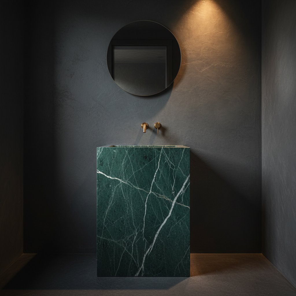 Verde Guatemala marble vanity in a Toronto powder room